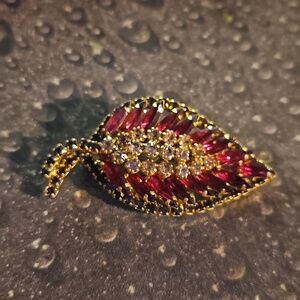 Vintage Red Black Rhinestone Leaf Pin